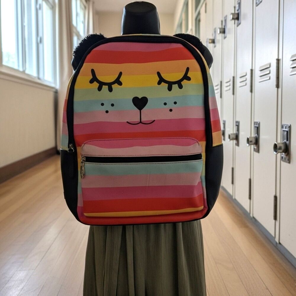 Love Betsey Black & Rainbow Sleeping Bear Backpack Medium Faux Leather Flawed